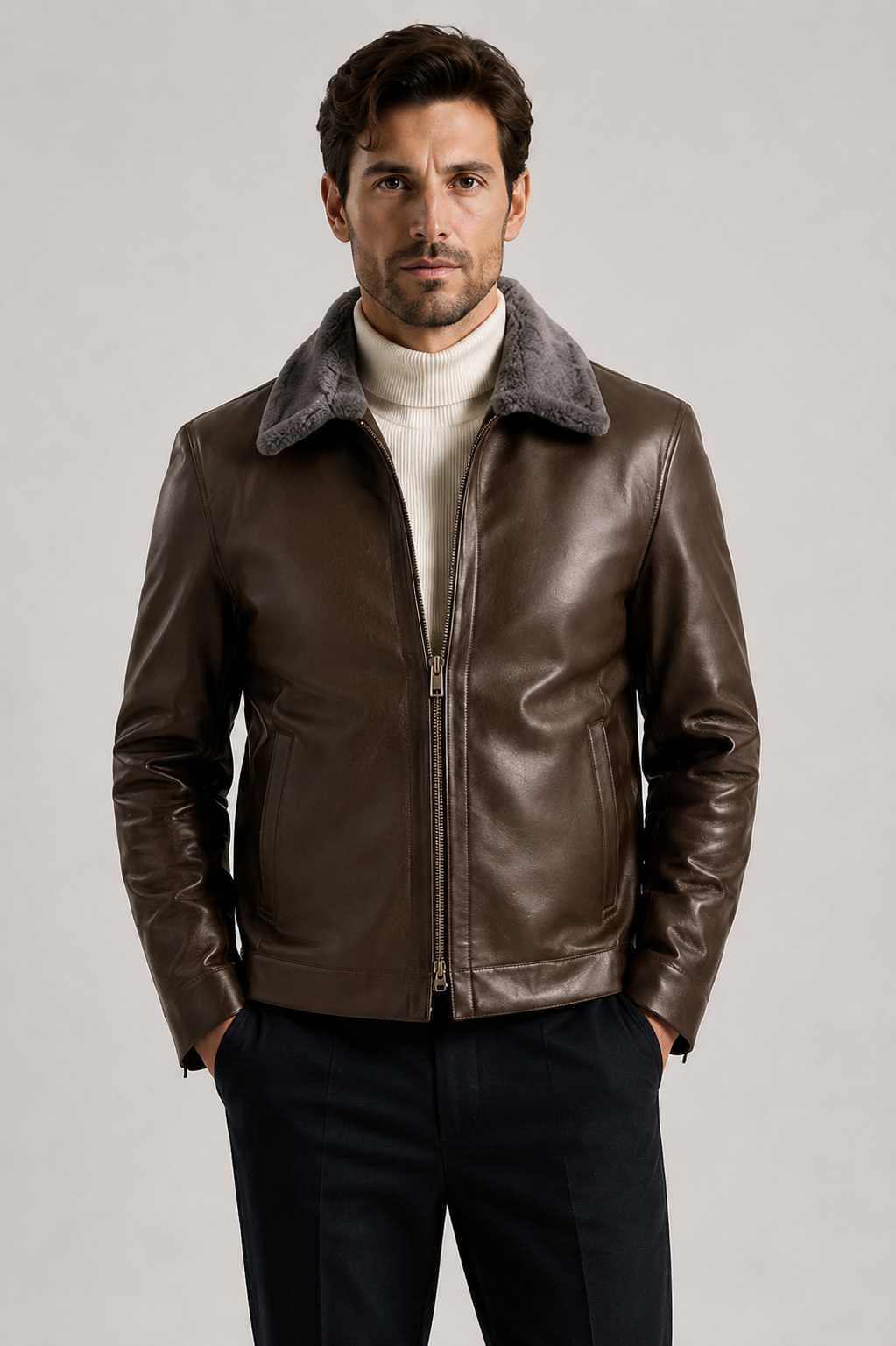 Men’s Premium Leather Jacket with Shearling Collar