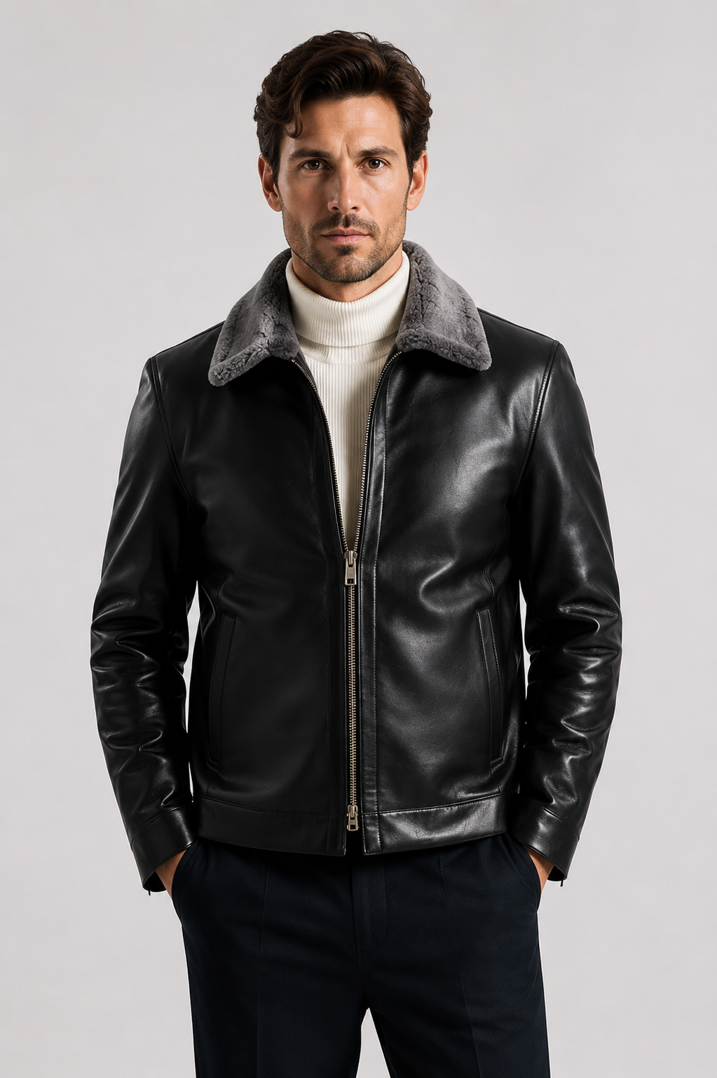 Men’s Premium Leather Jacket with Shearling Collar
