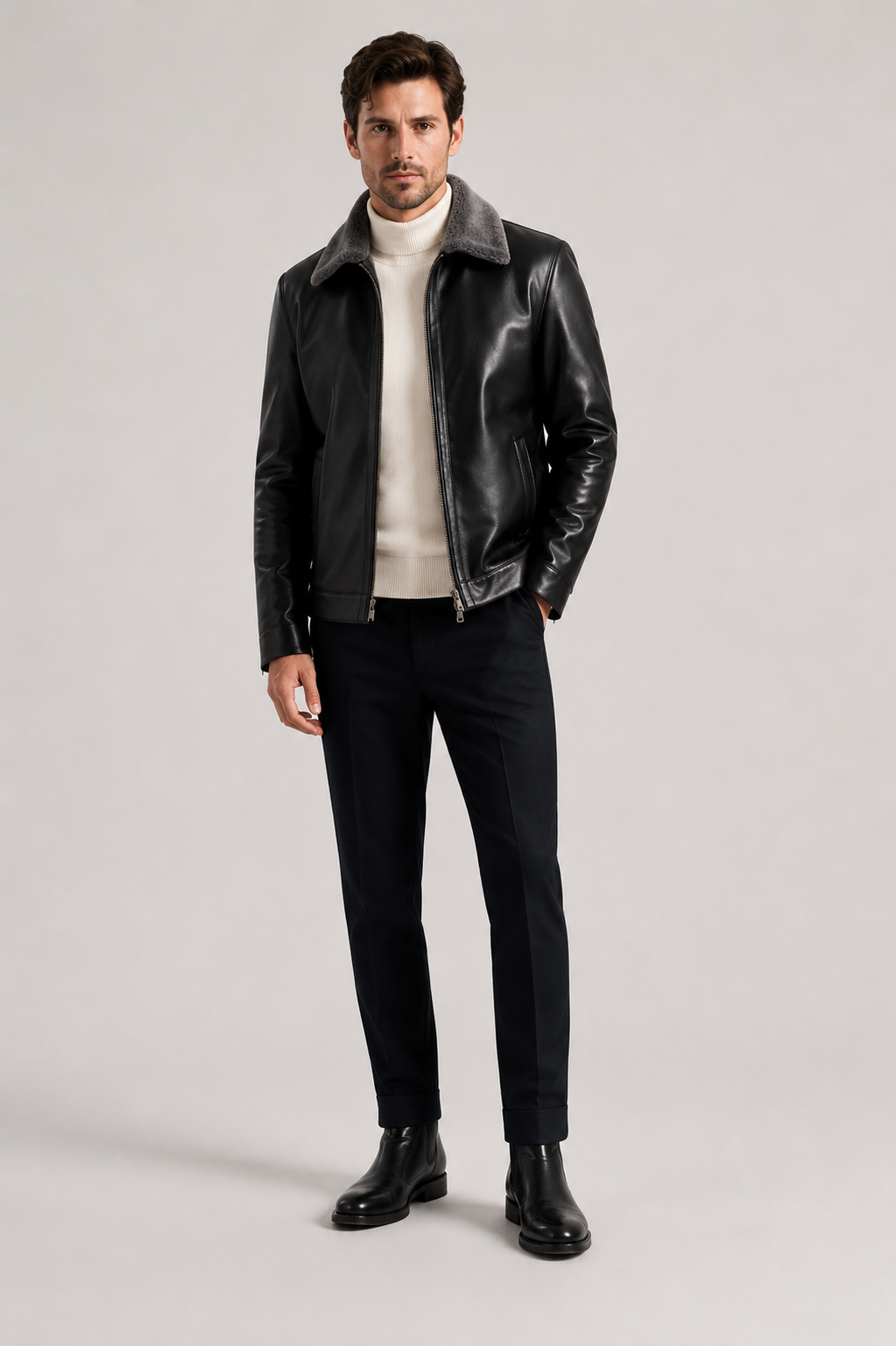 Men’s Premium Leather Jacket with Shearling Collar
