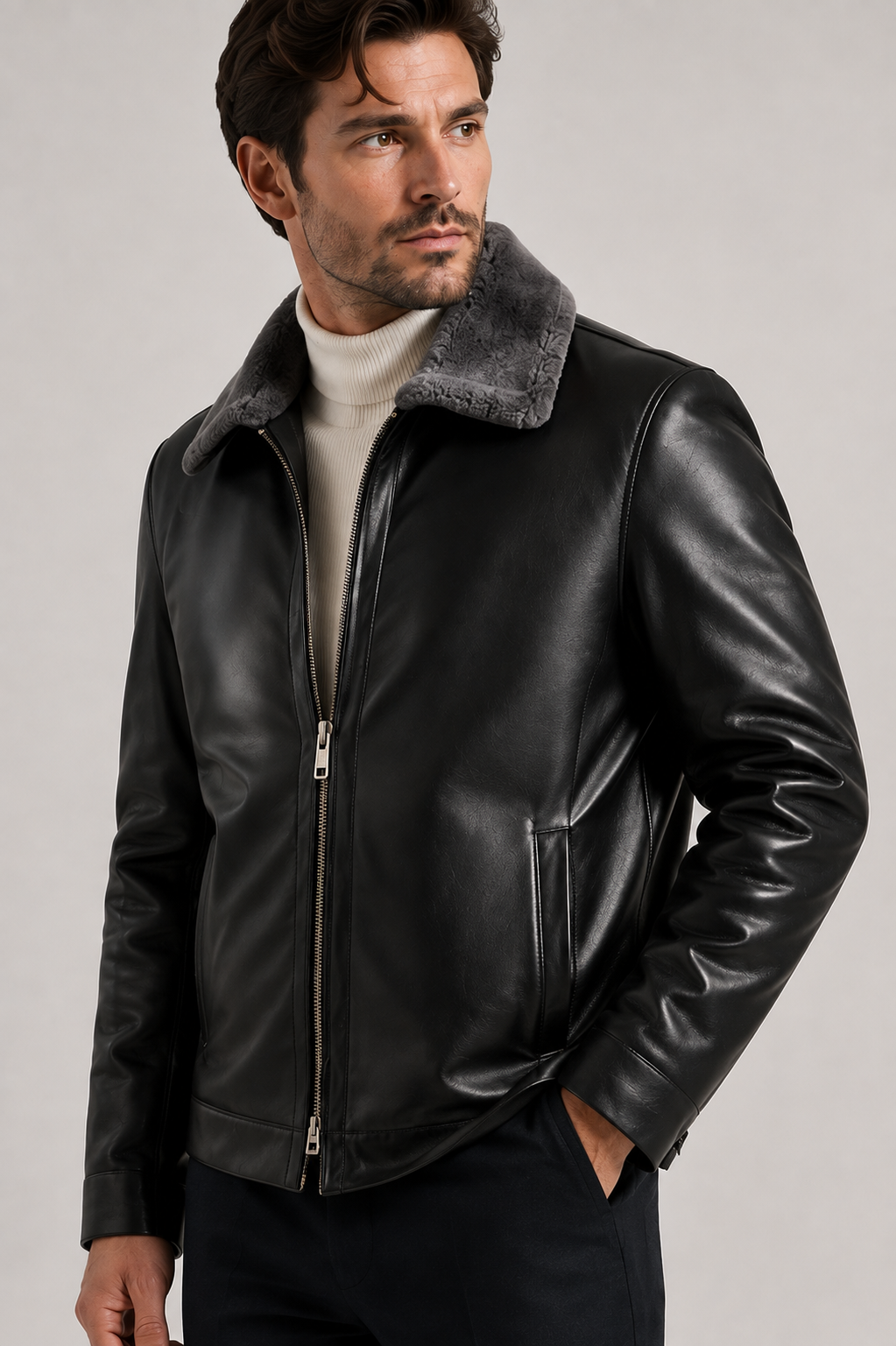 Men’s Premium Leather Jacket with Shearling Collar