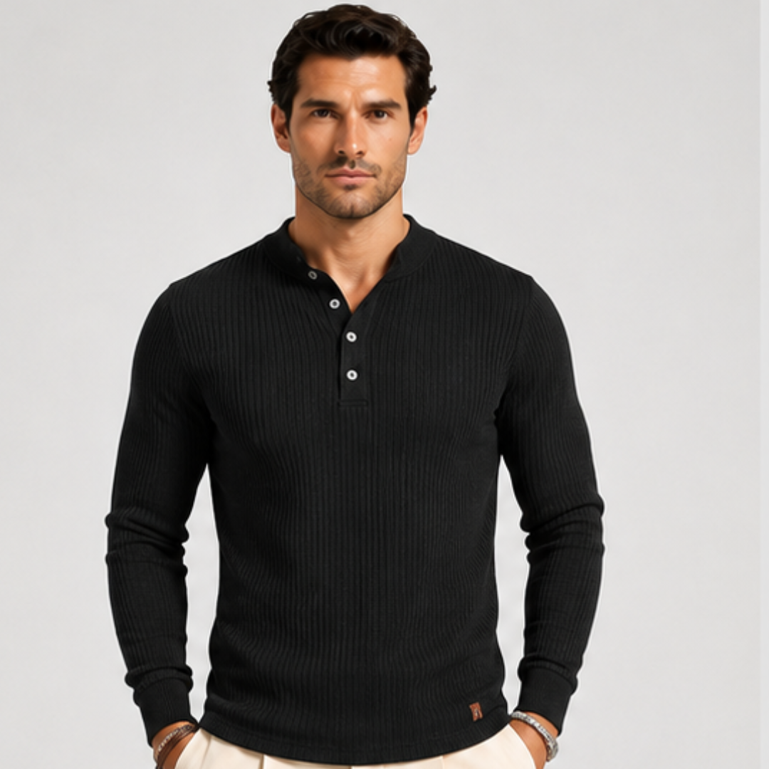 Men’s Ribbed Long-Sleeve Button Polo Shirt