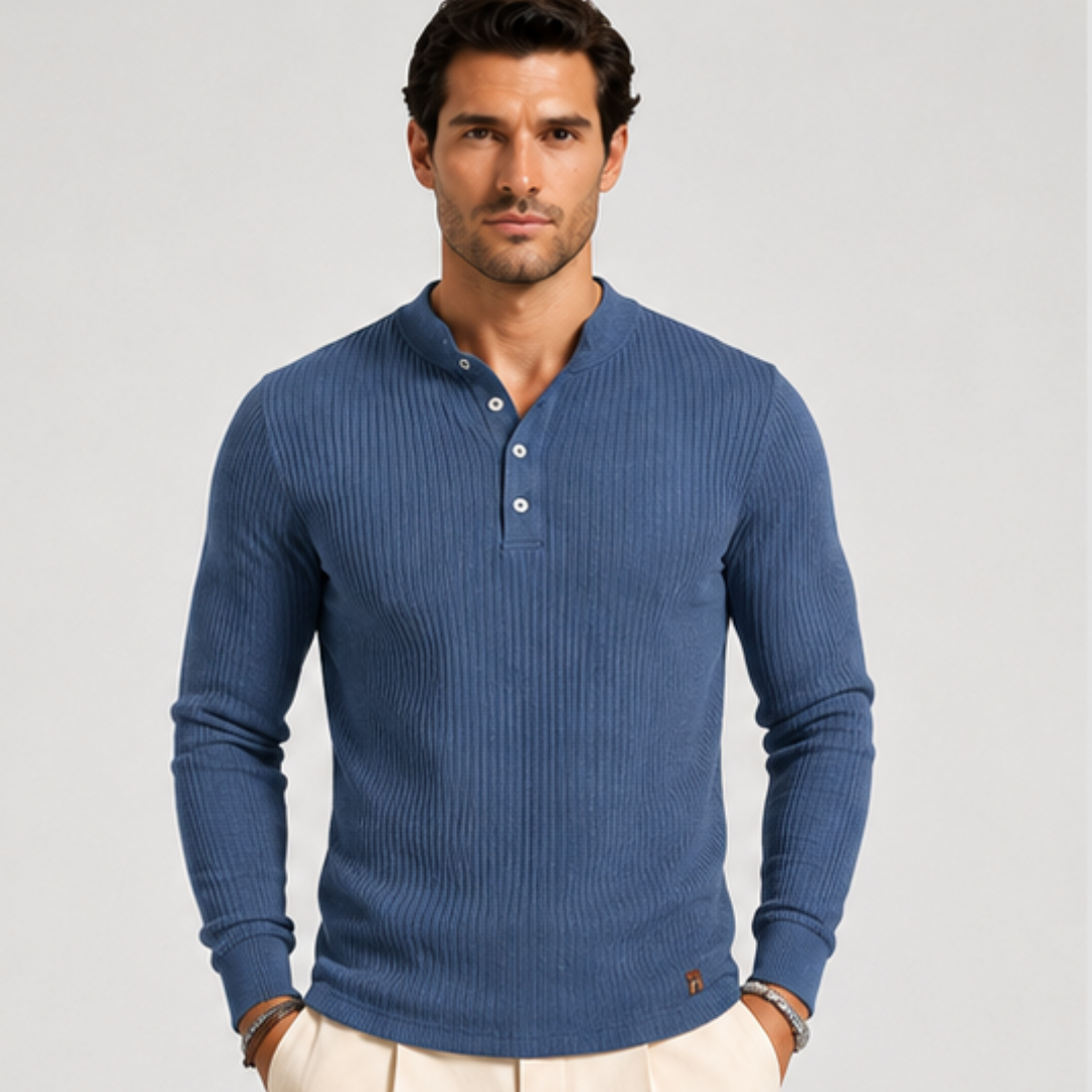 Men’s Ribbed Long-Sleeve Button Polo Shirt