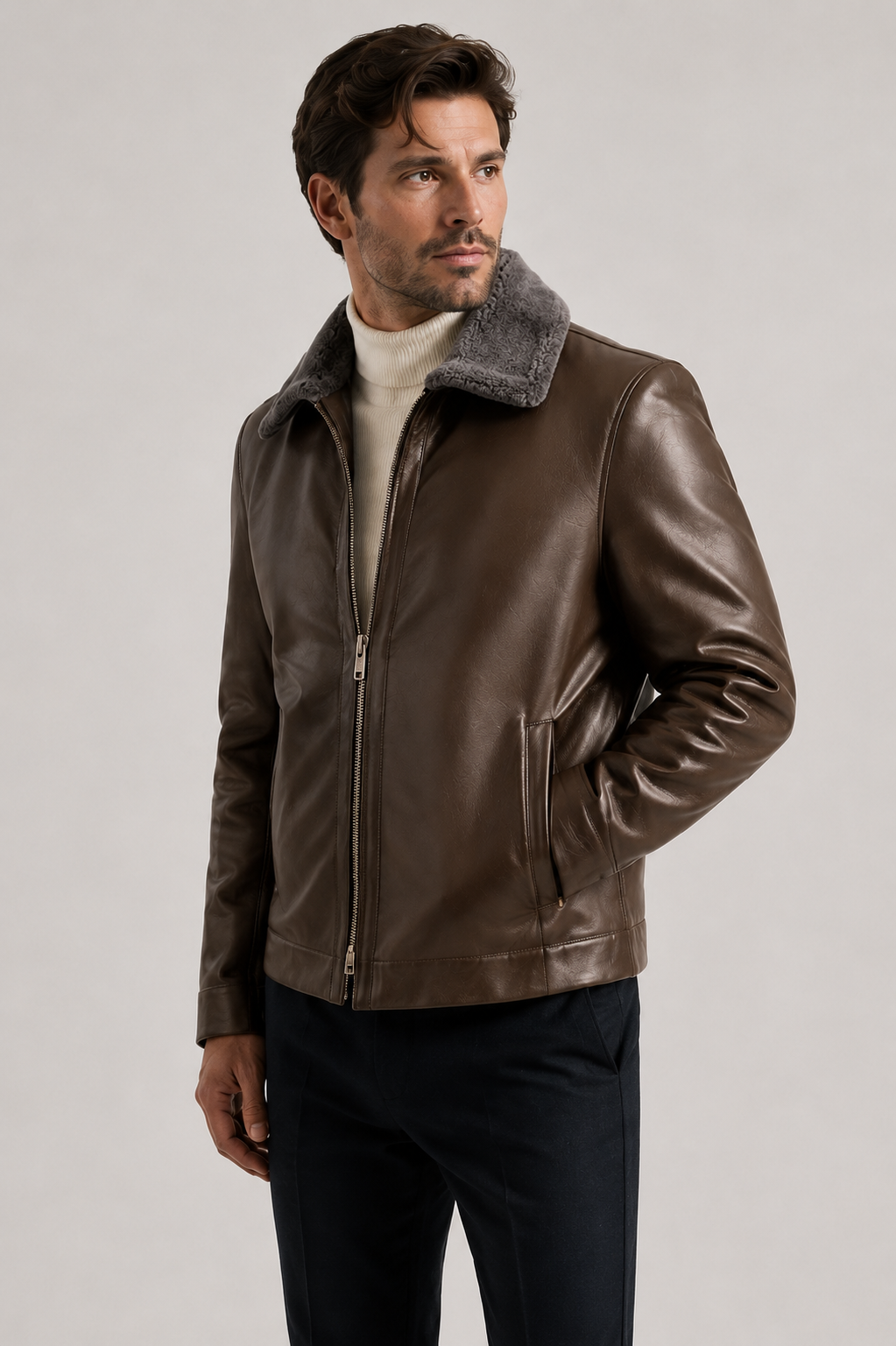 Men’s Premium Leather Jacket with Shearling Collar