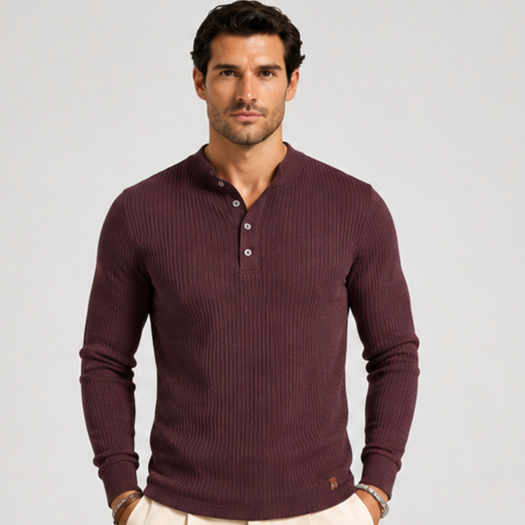 Men’s Ribbed Long-Sleeve Button Polo Shirt