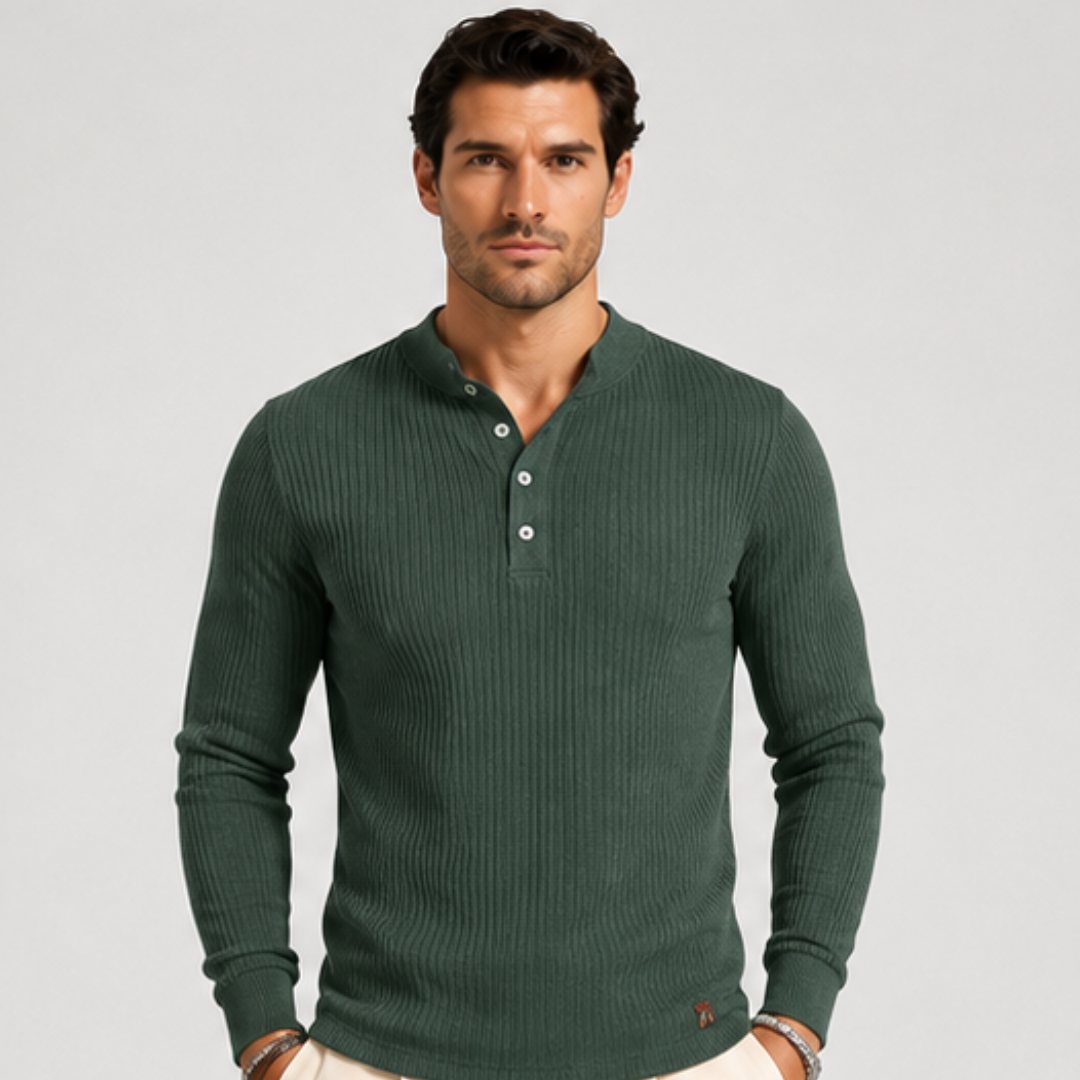 Men’s Ribbed Long-Sleeve Button Polo Shirt
