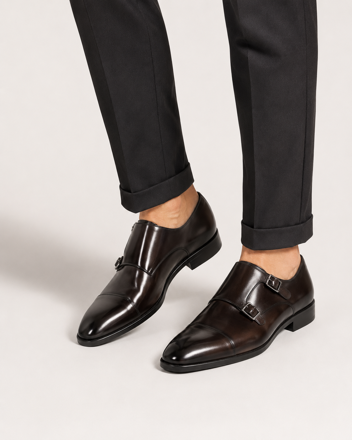 Men's Genuine Leather Double Monk Strap Dress Shoes – Classic Cap Toe Formal Loafers