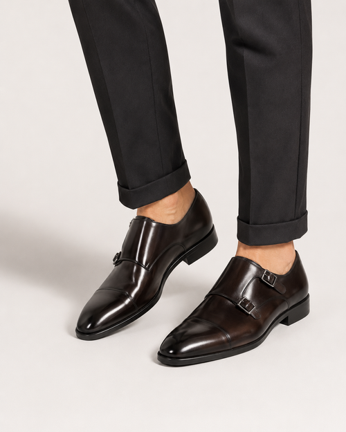 Men's Genuine Leather Double Monk Strap Dress Shoes – Classic Cap Toe Formal Loafers