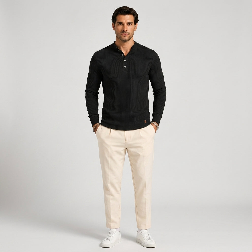 Men’s Ribbed Long-Sleeve Button Polo Shirt