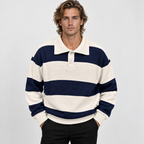 Men's Striped Polo Sweater Knit Pullover Loose Fit Winter Top