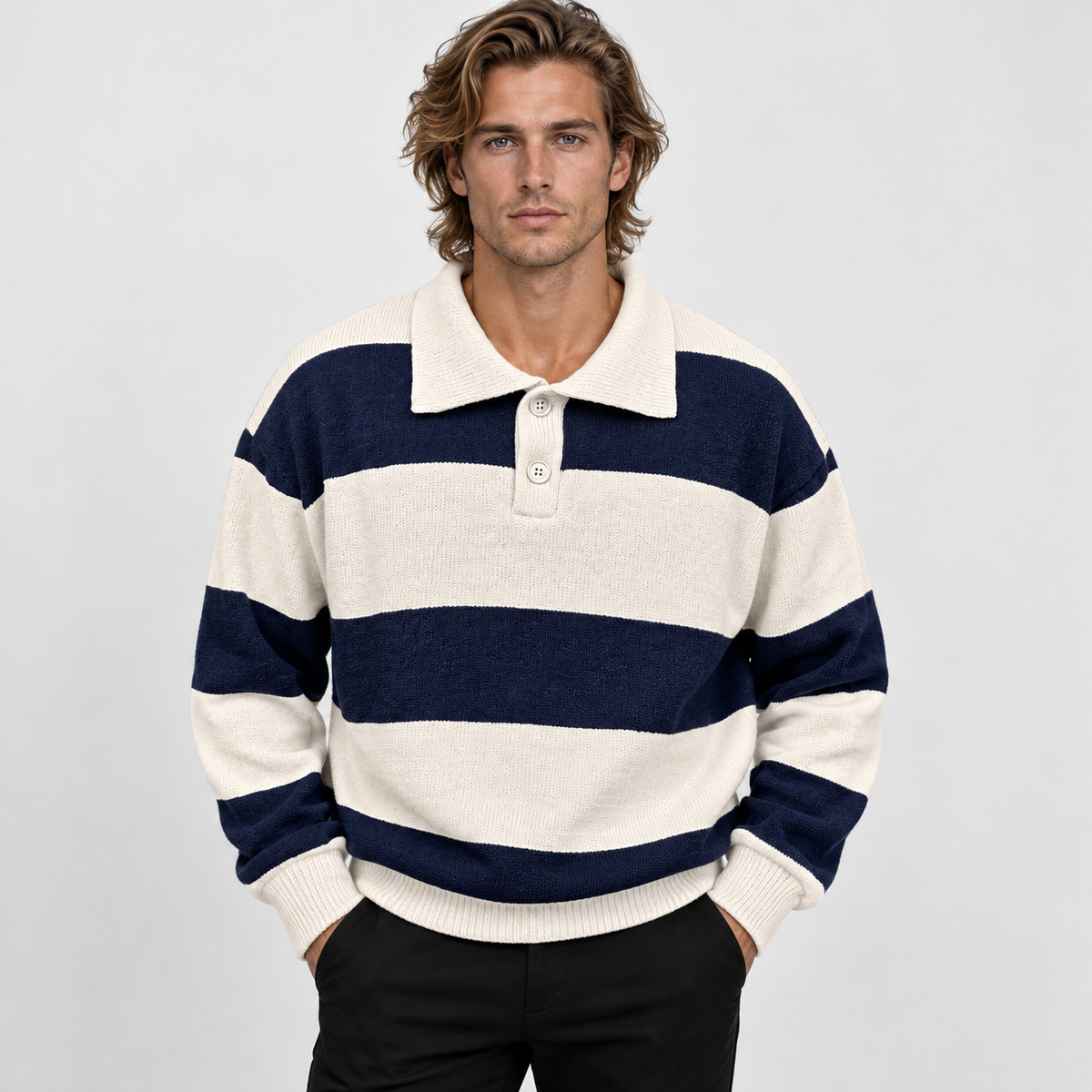 Men's Striped Polo Sweater Knit Pullover Loose Fit Winter Top