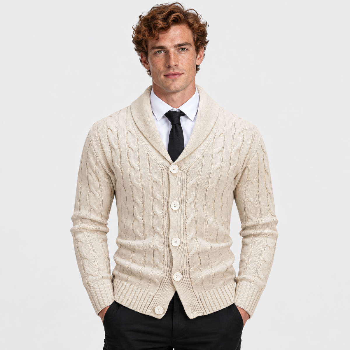 Men's Cable Knit Cardigan Acrylic Sweater Lapel Collar Coat
