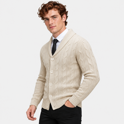 Men's Cable Knit Cardigan Acrylic Sweater Lapel Collar Coat