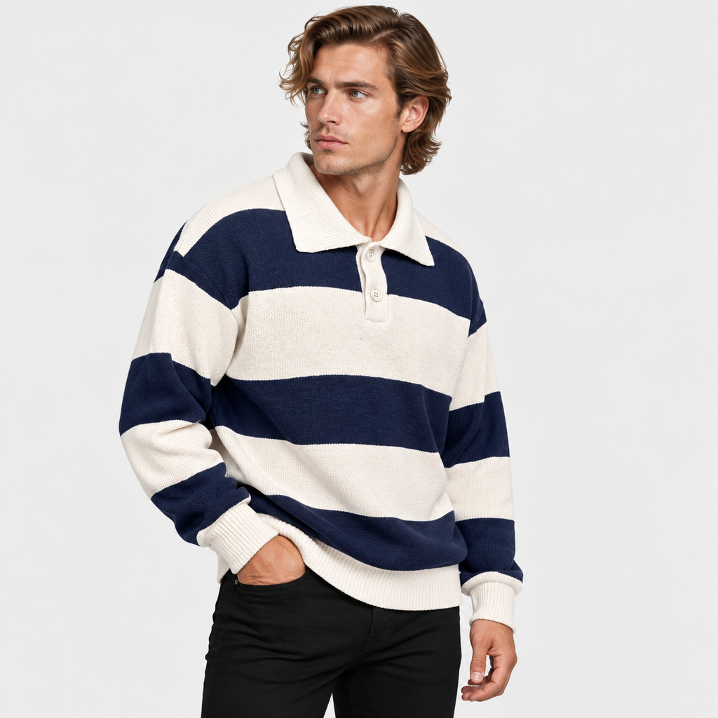 Men's Striped Polo Sweater Knit Pullover Loose Fit Winter Top