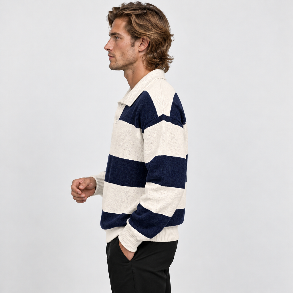 Men's Striped Polo Sweater Knit Pullover Loose Fit Winter Top