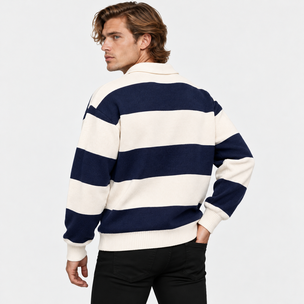Men's Striped Polo Sweater Knit Pullover Loose Fit Winter Top