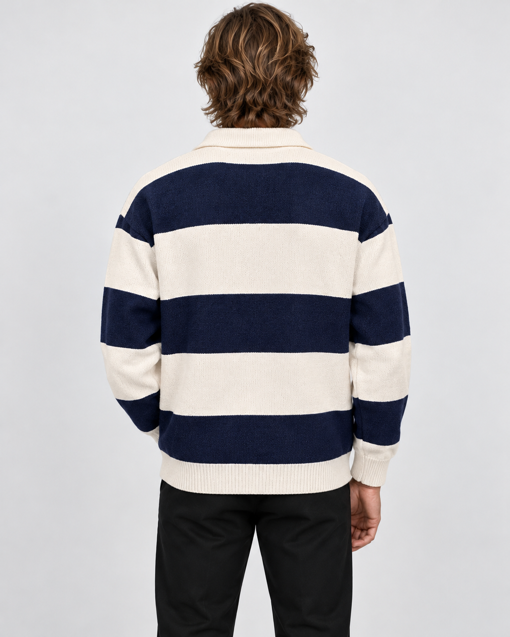 Men's Striped Polo Sweater Knit Pullover Loose Fit Winter Top