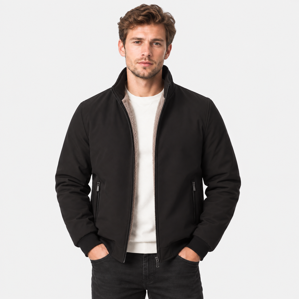 Men's Fleece Jacket Thick Polyester Stand Collar Winter Coat