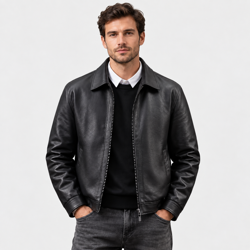 Men's PU Leather Jacket Lapel Collar Zip-Up Workwear
