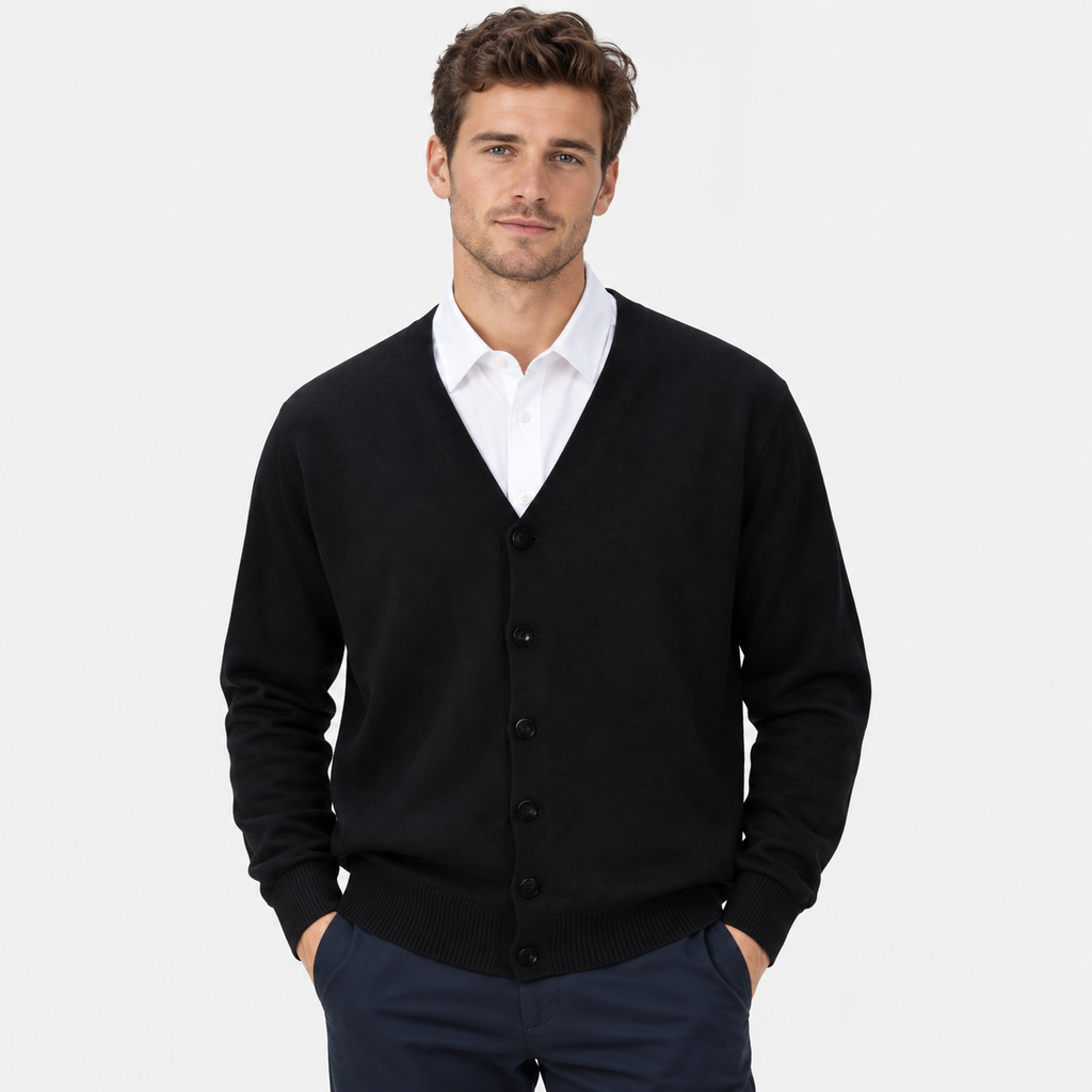 Men's V-Neck Cardigan Polyester Knit Button Front Loose Fit