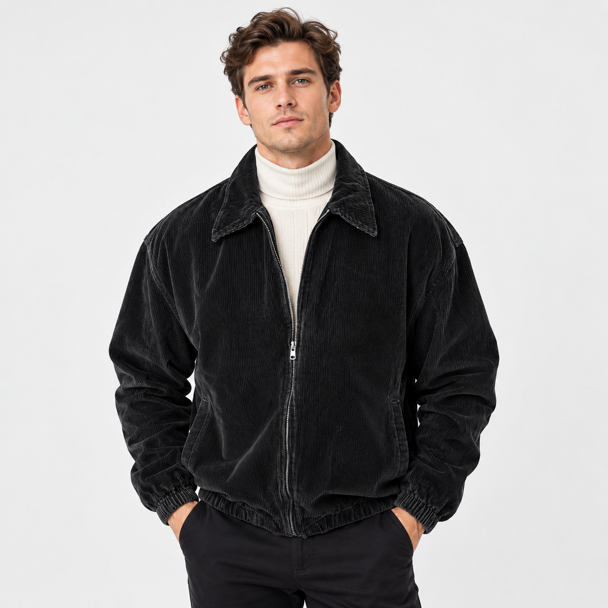 Men's Corduroy Baseball Jacket Polyester Lapel Zip-Up