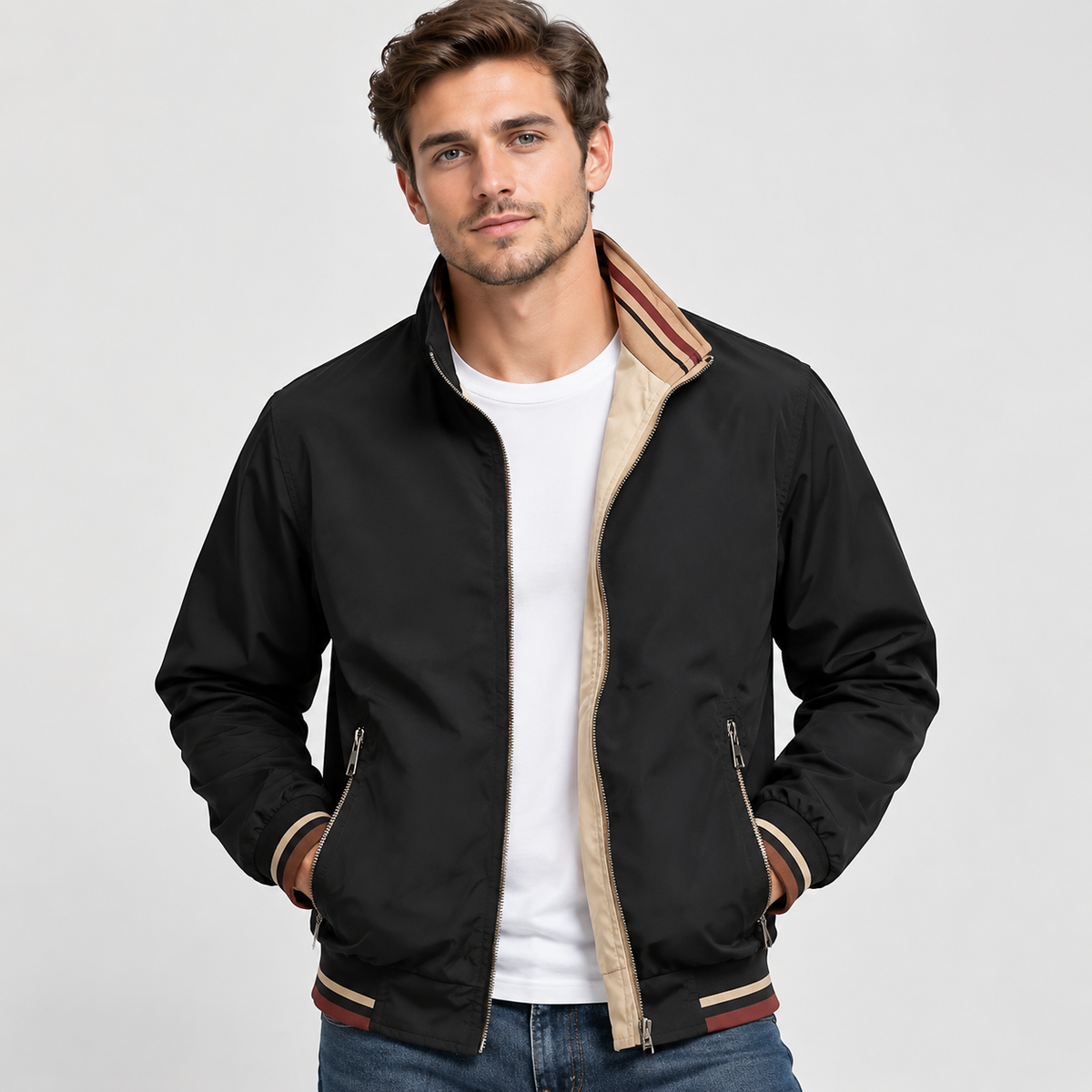 Men’s Reversible Utility Jacket Stand Collar Zip Casual Coat