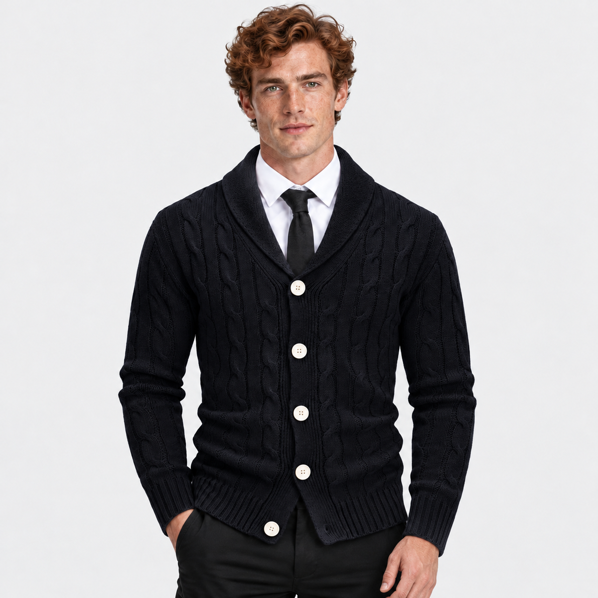 Men's Cable Knit Cardigan Acrylic Sweater Lapel Collar Coat