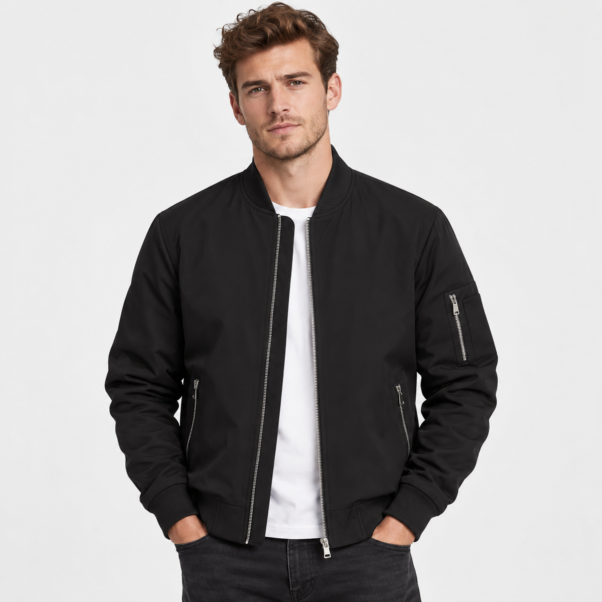 Men's Bomber Jacket Polyester Baseball Collar Regular Fit