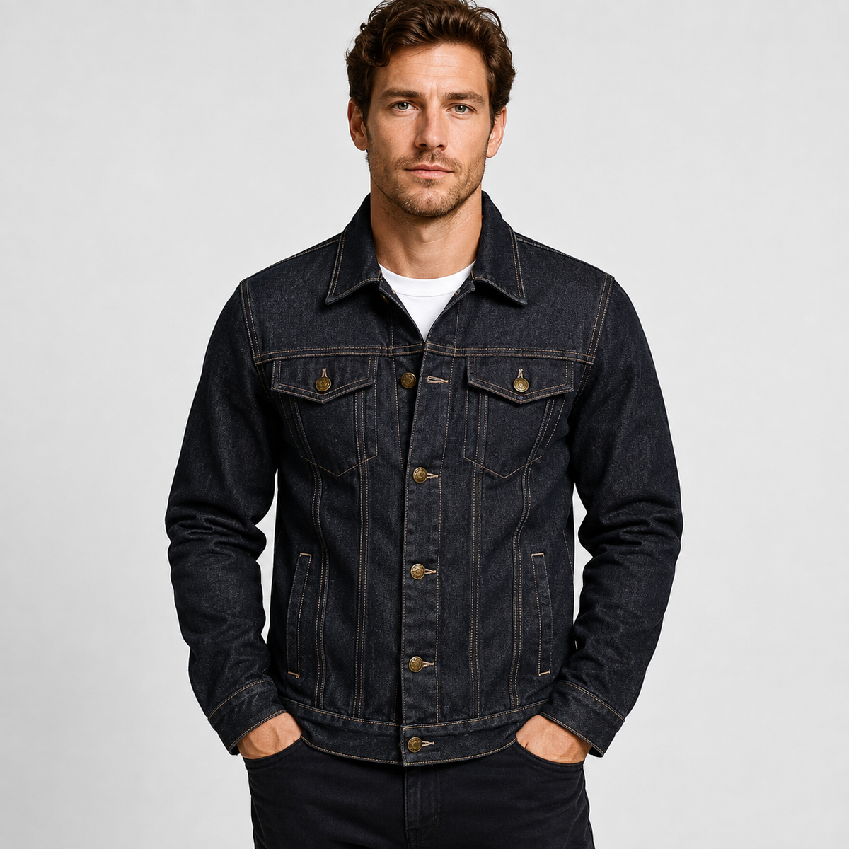 Men's Denim Jacket - Cotton Hooded Button Front