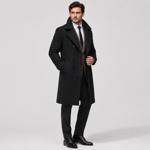 Men's Double-Breasted Coat - Long Classic British Style
