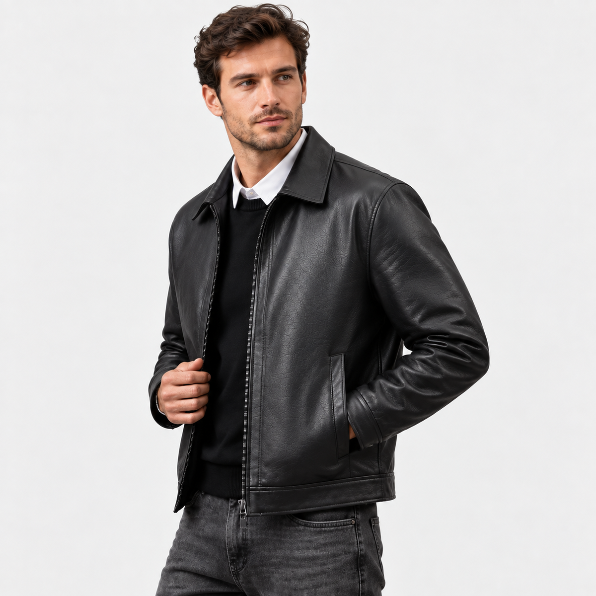 Men's PU Leather Jacket Lapel Collar Zip-Up Workwear