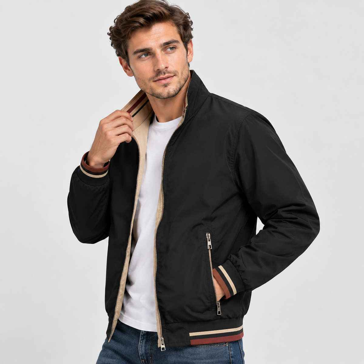 Men’s Reversible Utility Jacket Stand Collar Zip Casual Coat