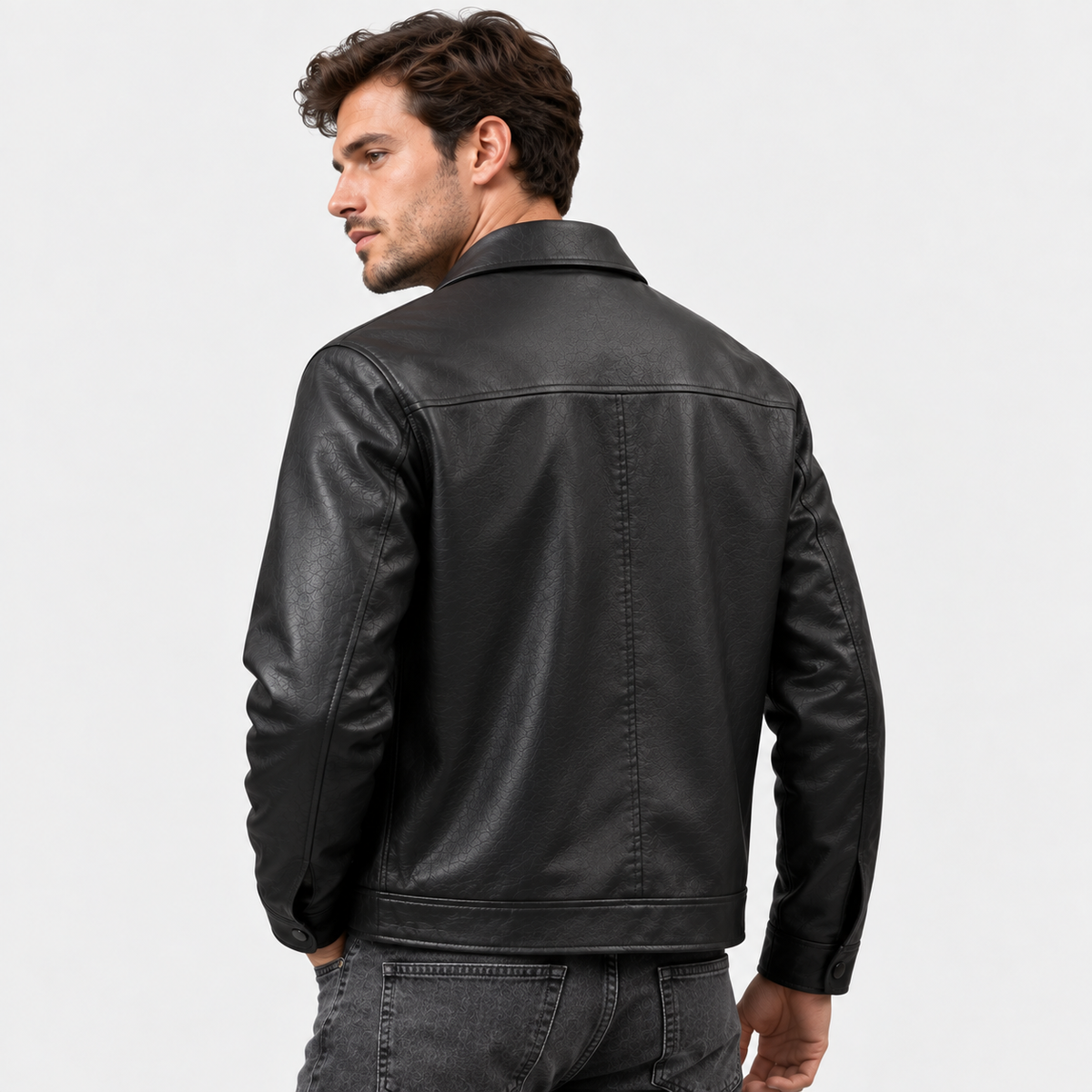Men's PU Leather Jacket Lapel Collar Zip-Up Workwear