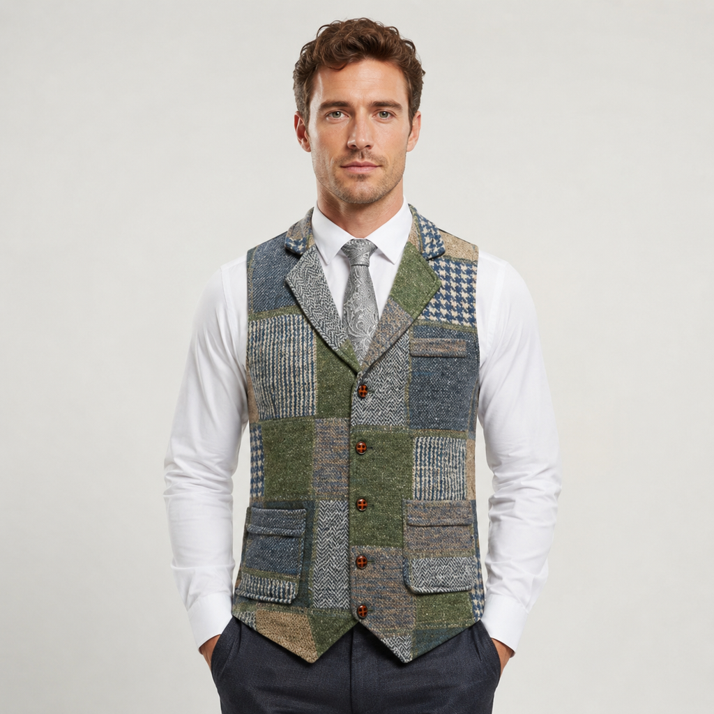 Men's Tweed Vest - Plaid Herringbone Slim Fit Waistcoat