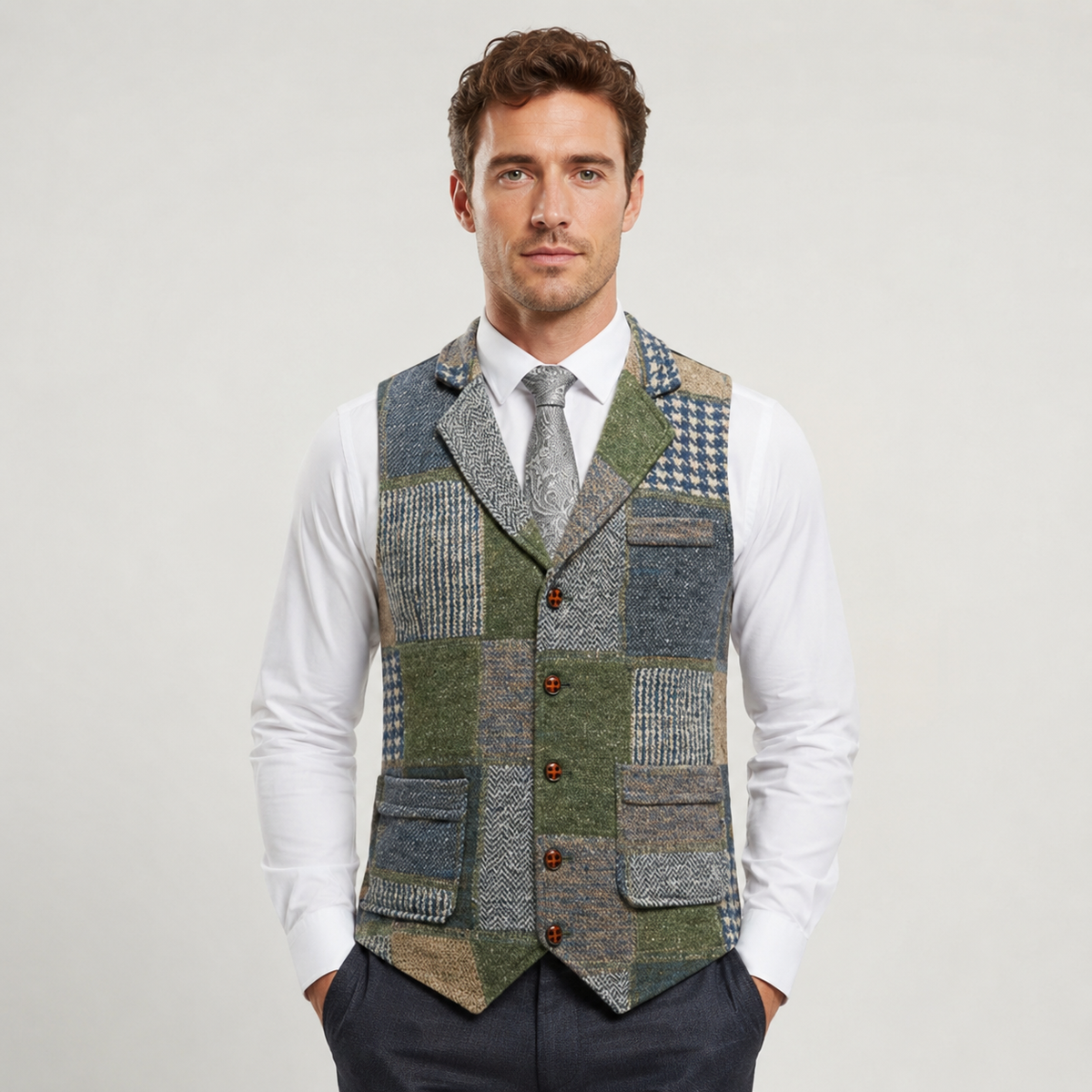 Men's Tweed Vest - Plaid Herringbone Slim Fit Waistcoat