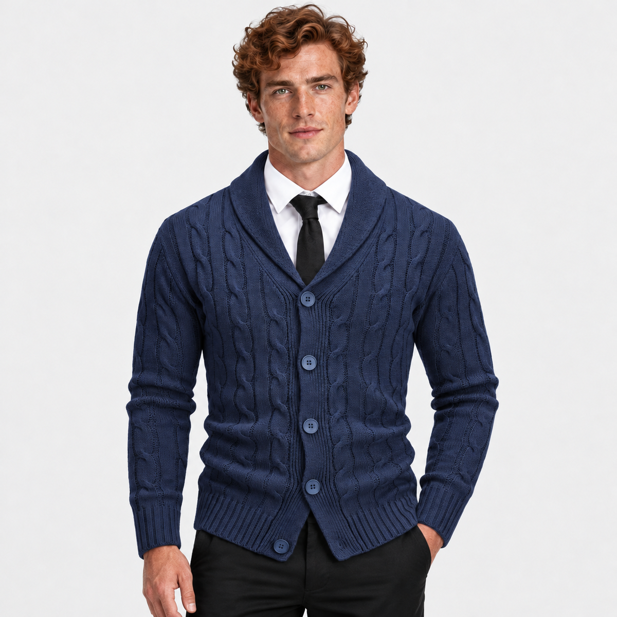 Men's Cable Knit Cardigan Acrylic Sweater Lapel Collar Coat