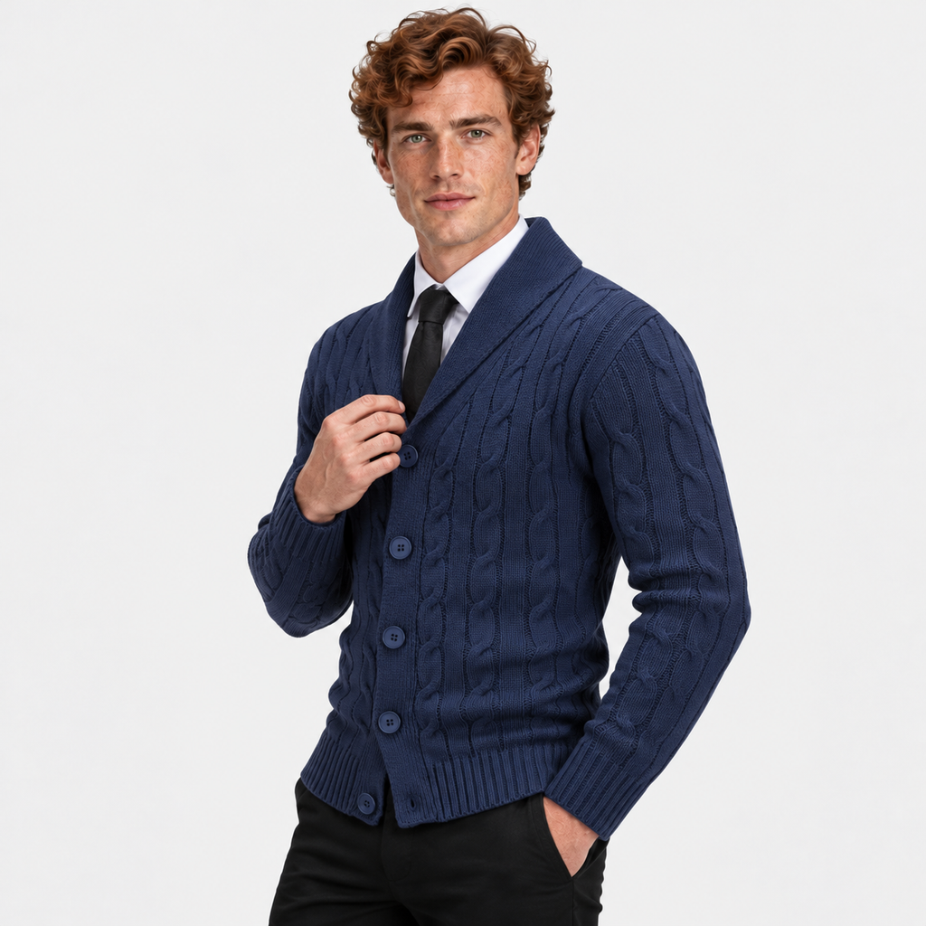 Men's Cable Knit Cardigan Acrylic Sweater Lapel Collar Coat
