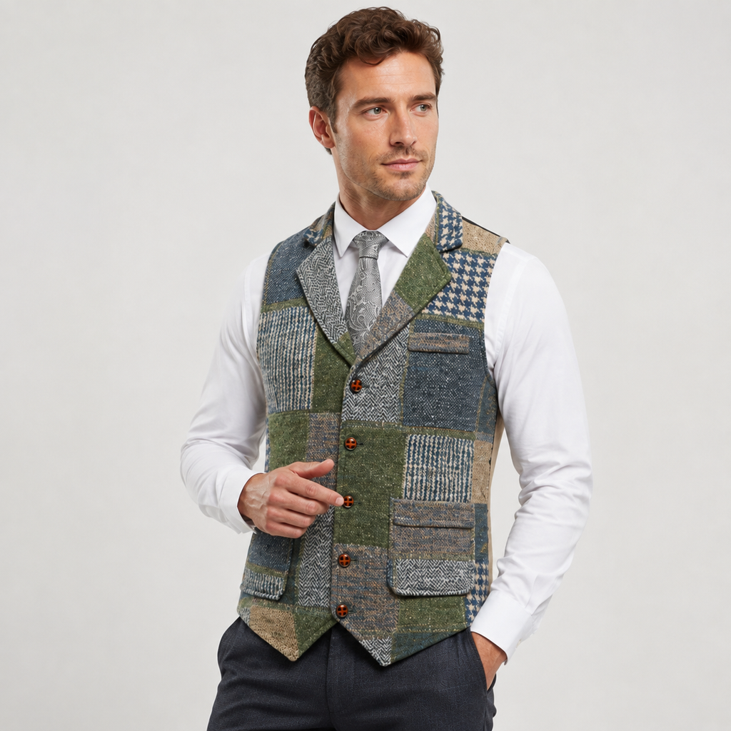 Men's Tweed Vest - Plaid Herringbone Slim Fit Waistcoat