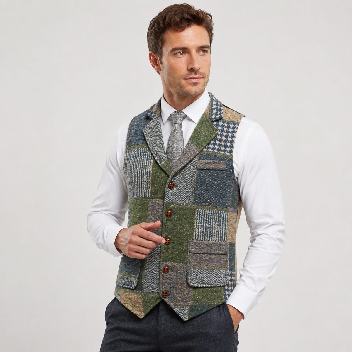 Men's Tweed Vest - Plaid Herringbone Slim Fit Waistcoat