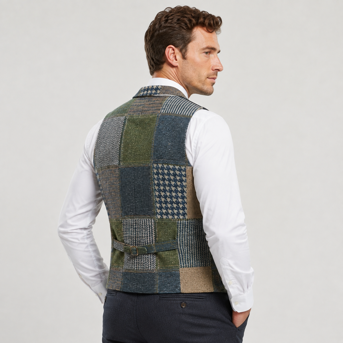 Men's Tweed Vest - Plaid Herringbone Slim Fit Waistcoat