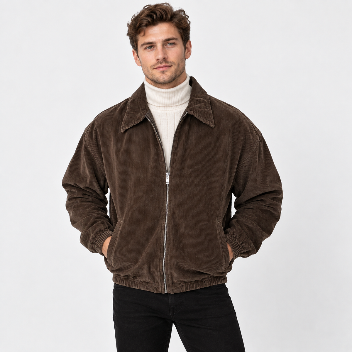 Men's Corduroy Baseball Jacket Polyester Lapel Zip-Up