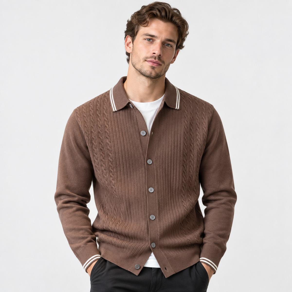 Men’s Cable Knit Cardigan Color Block Button Front Sweater