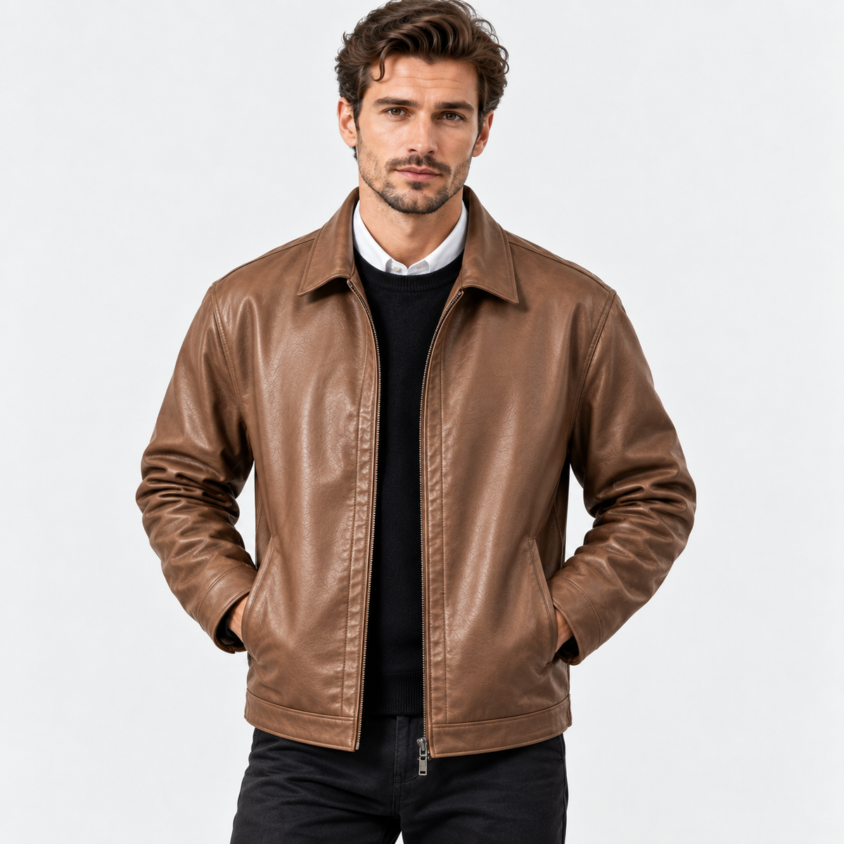 Men's PU Leather Jacket Lapel Collar Zip-Up Workwear