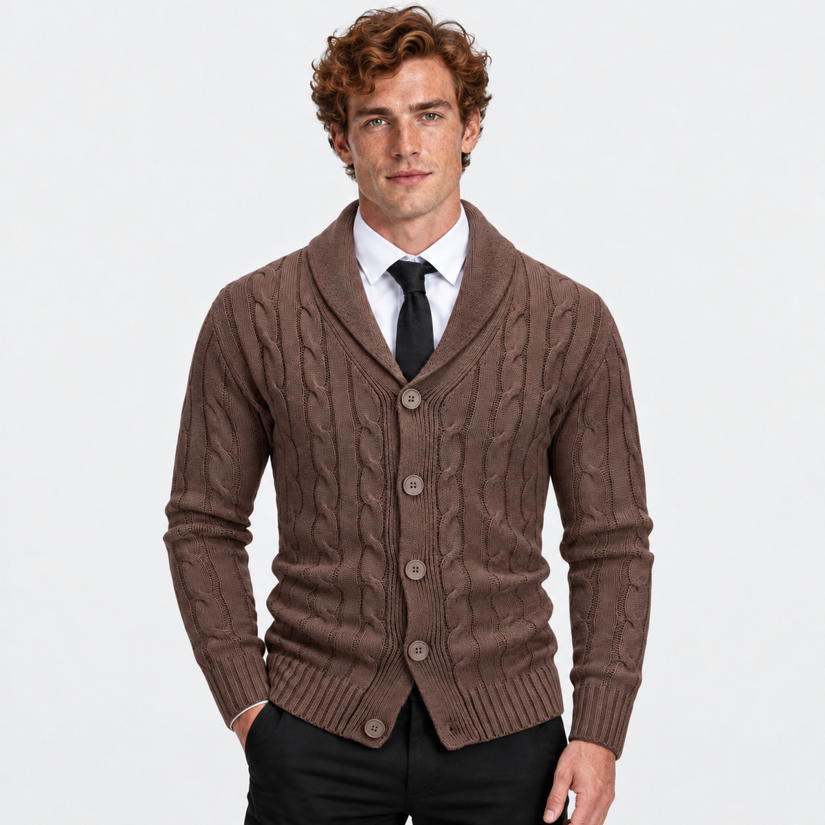 Men's Cable Knit Cardigan Acrylic Sweater Lapel Collar Coat