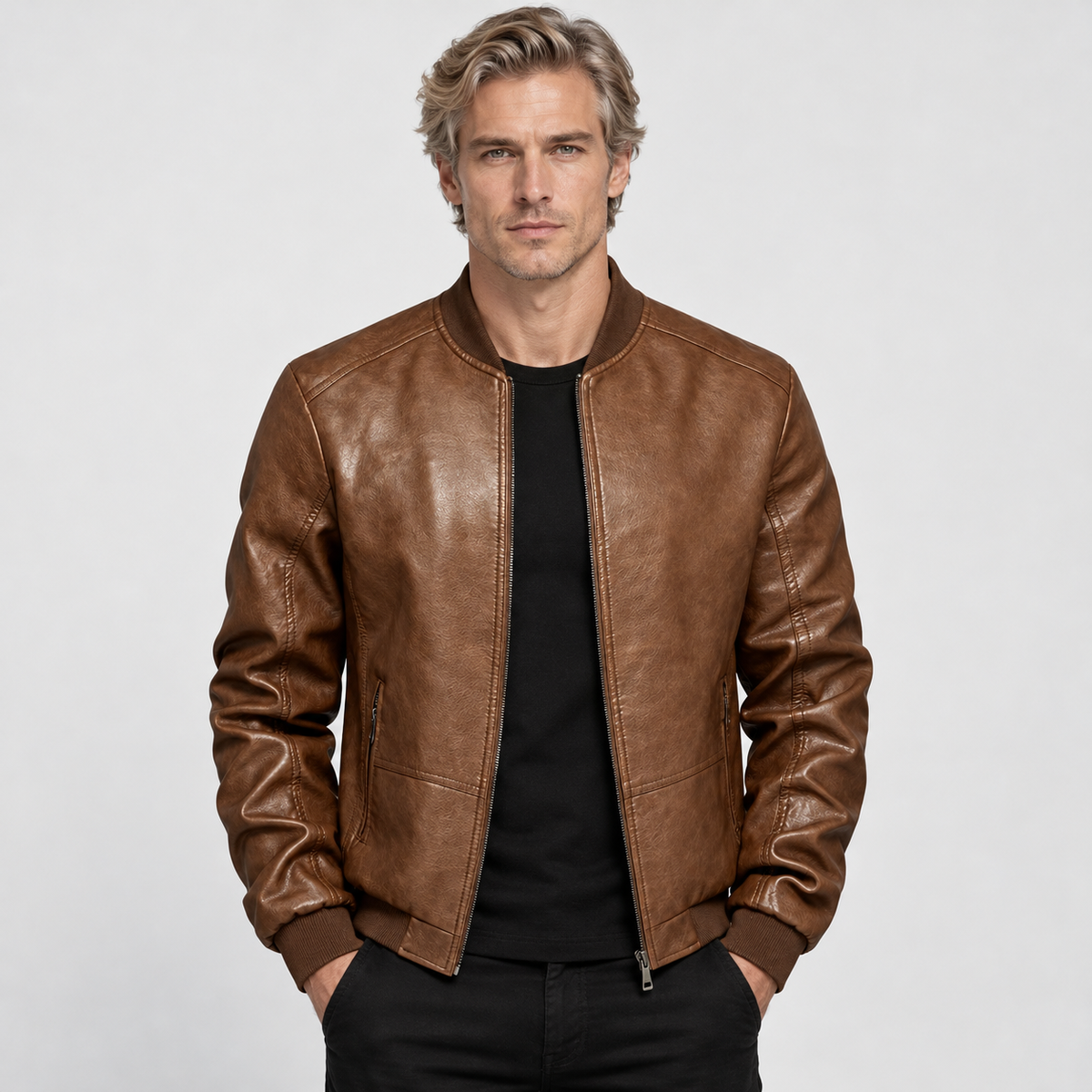Men's PU Motorcycle Jacket Windproof Biker Style Workwear Coat