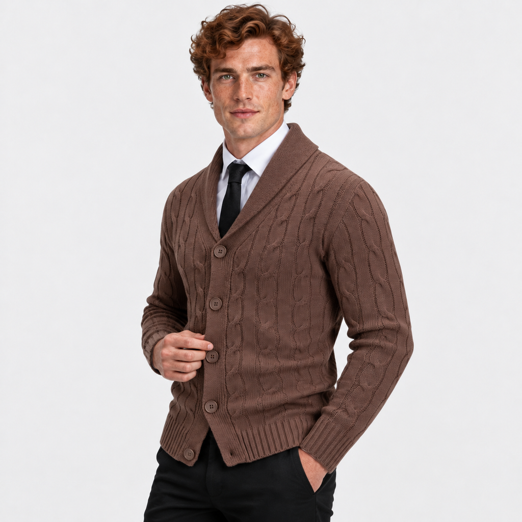 Men's Cable Knit Cardigan Acrylic Sweater Lapel Collar Coat