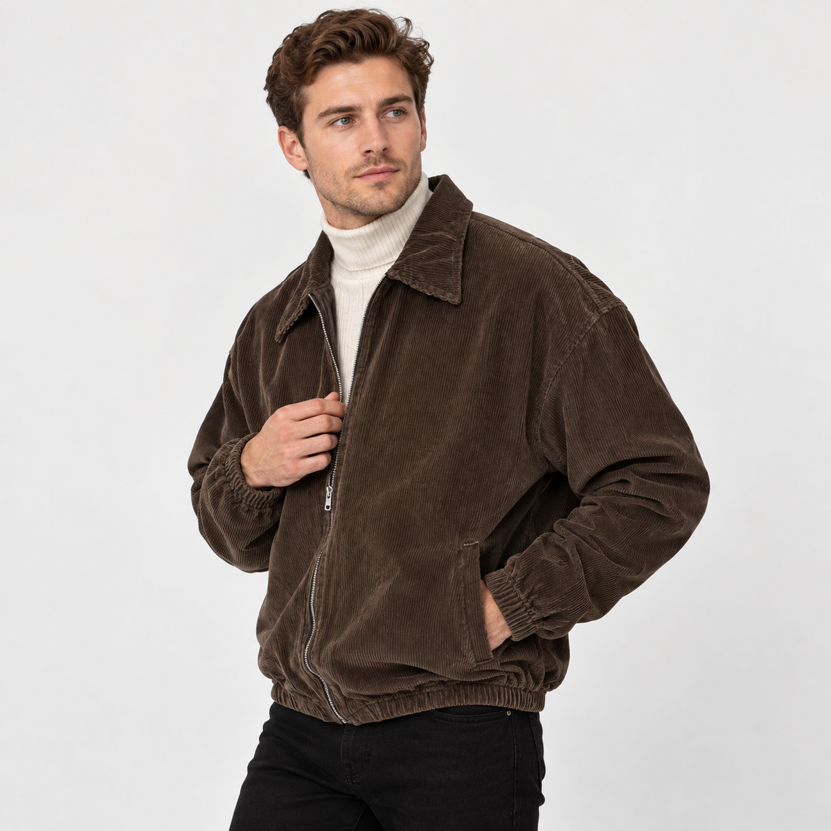 Men's Corduroy Baseball Jacket Polyester Lapel Zip-Up