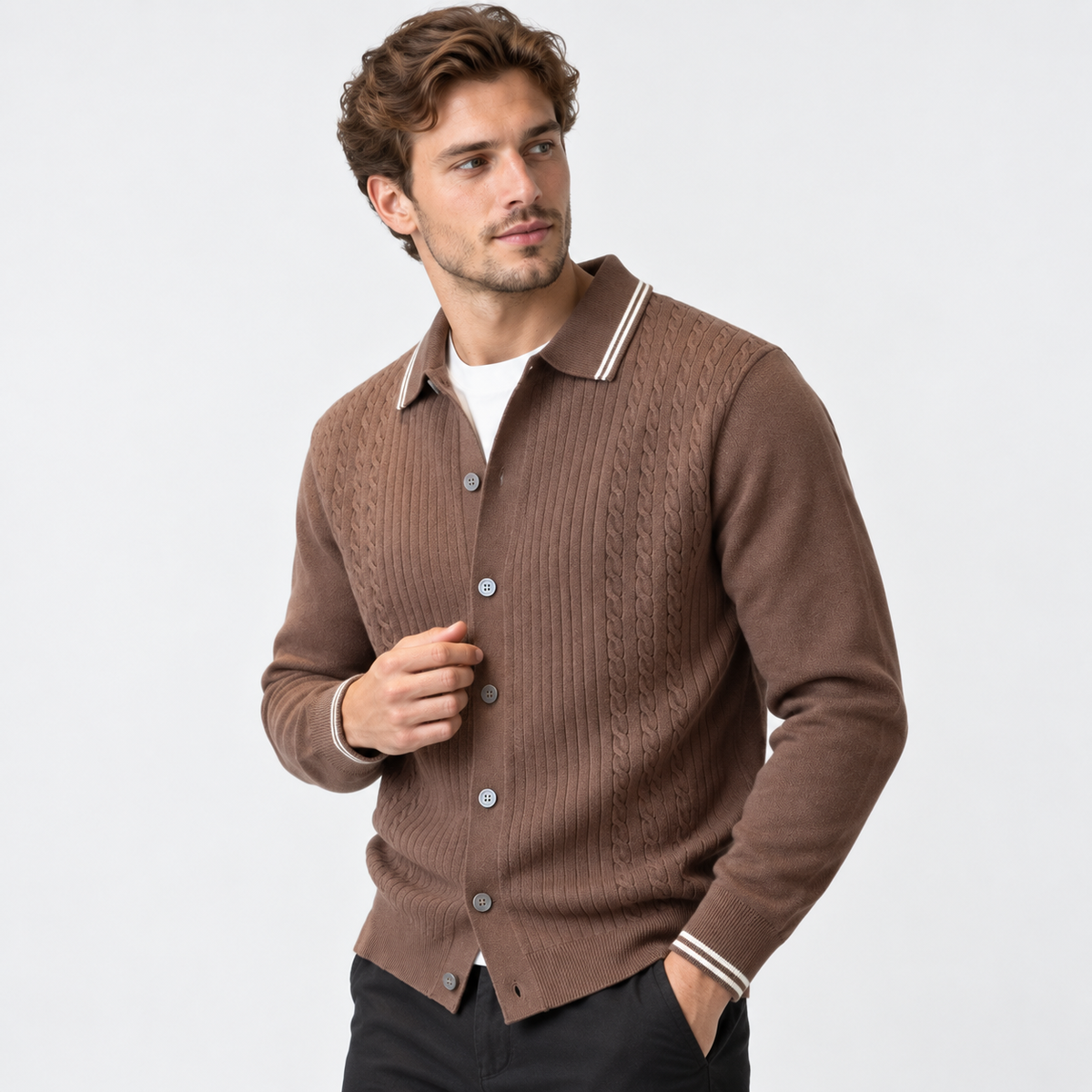 Men’s Cable Knit Cardigan Color Block Button Front Sweater