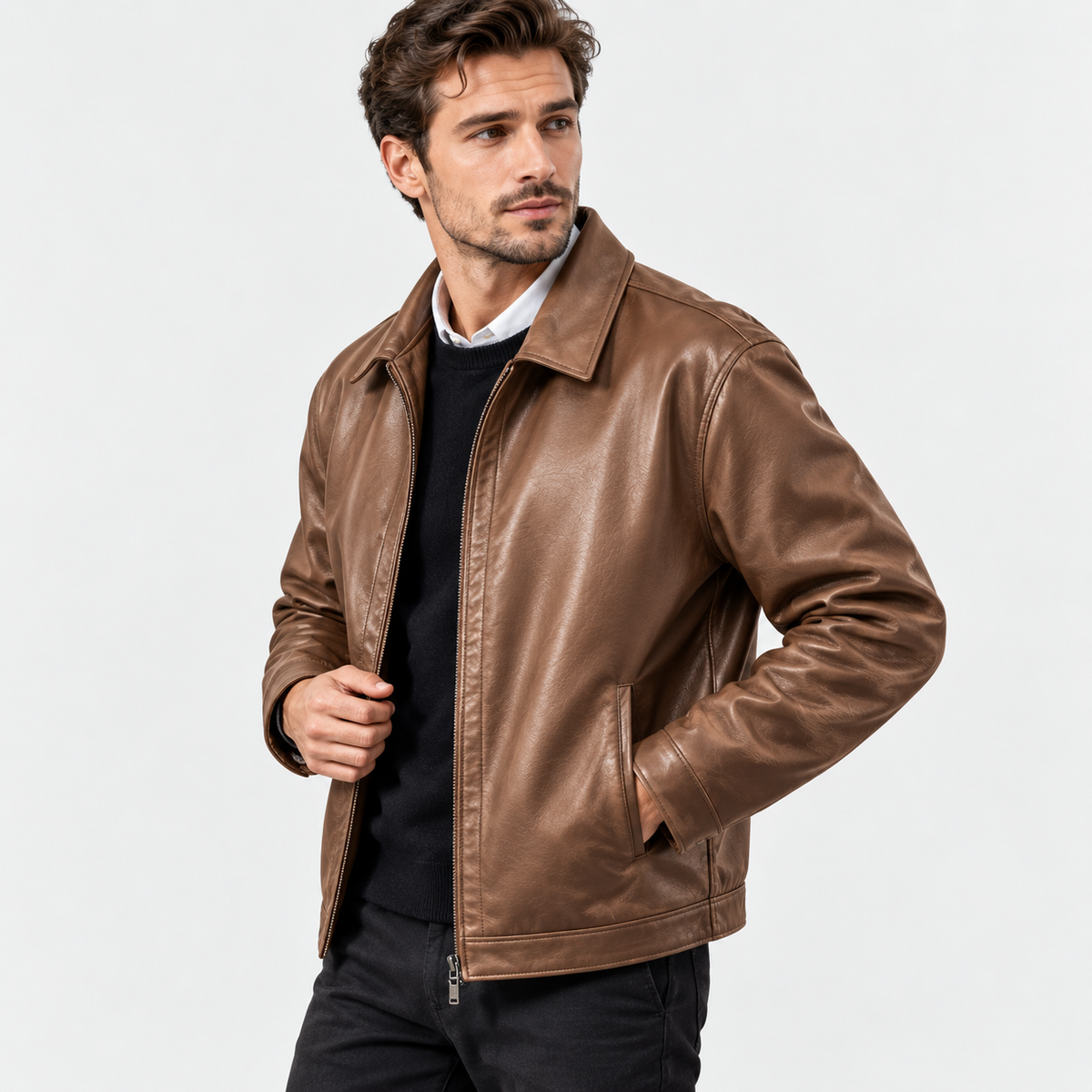 Men's PU Leather Jacket Lapel Collar Zip-Up Workwear