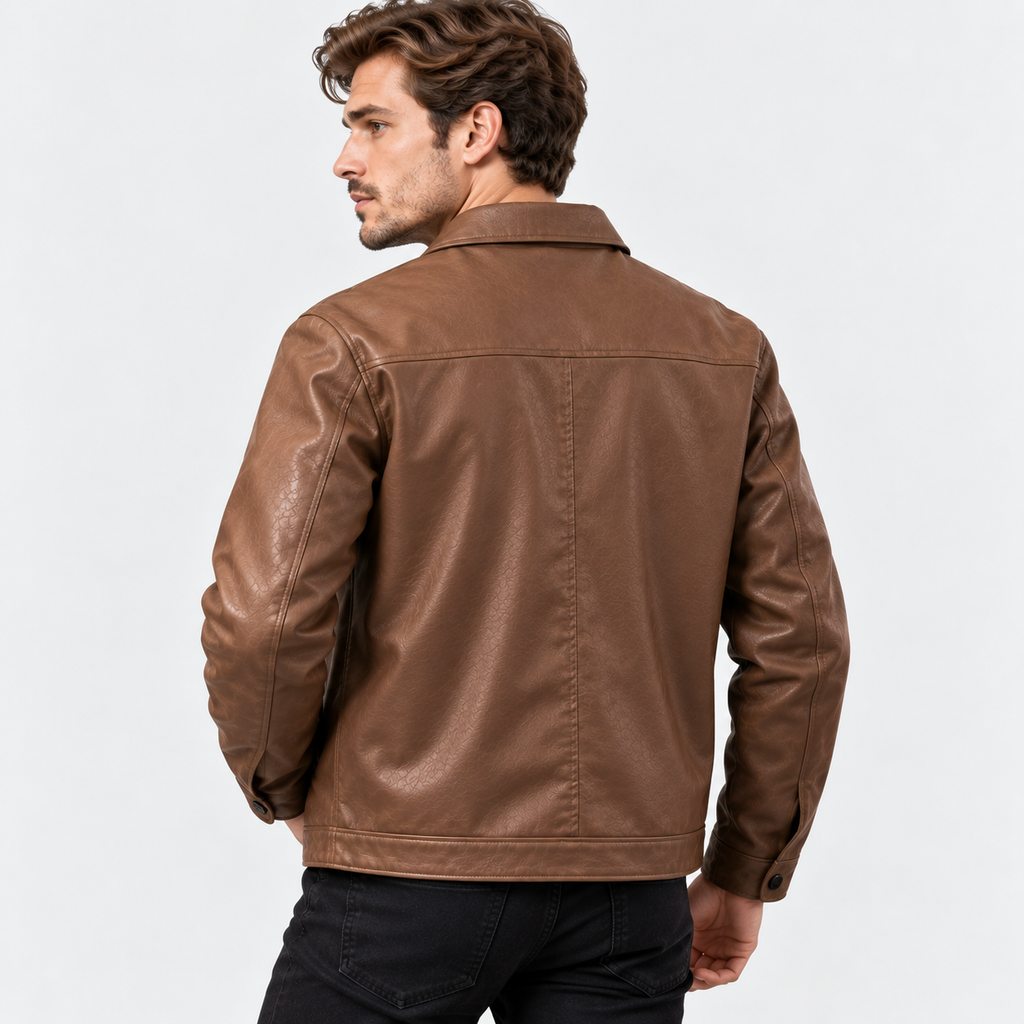 Men's PU Leather Jacket Lapel Collar Zip-Up Workwear