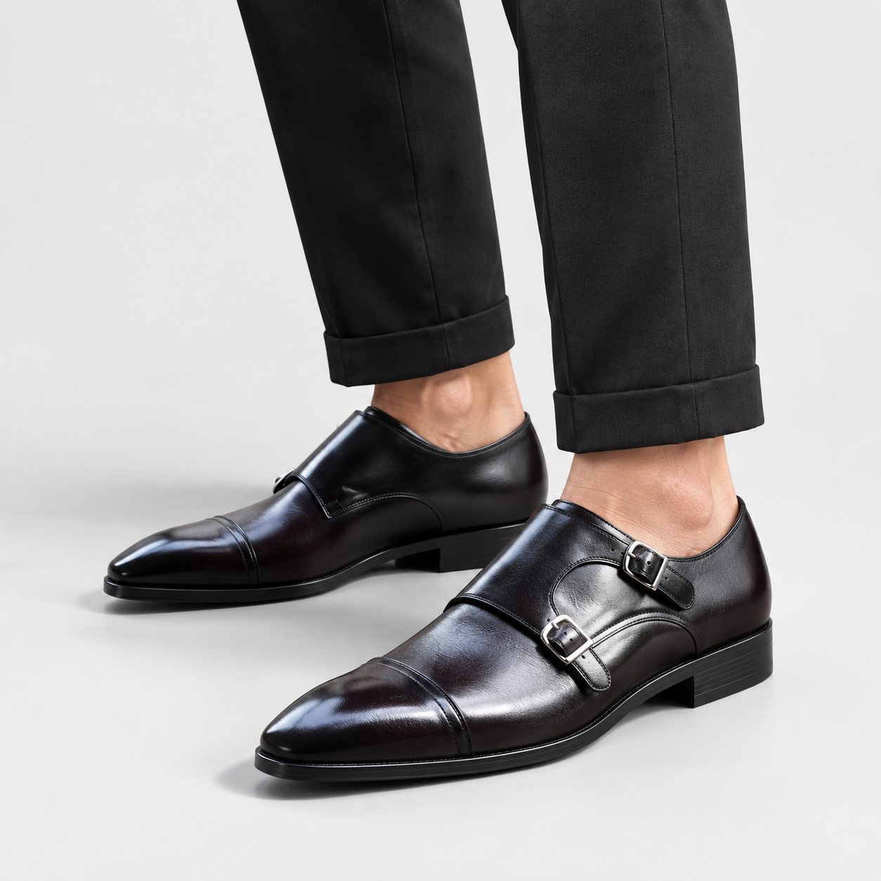 Men's Genuine Leather Double Monk Strap Dress Shoes – Classic Cap Toe Formal Loafers